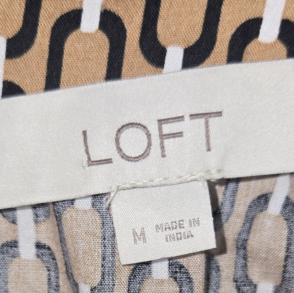 Loft Cap Flutter Sleeve Geometric Brown White Popover Keyhole Button Top Sz M - Picture 3 of 4